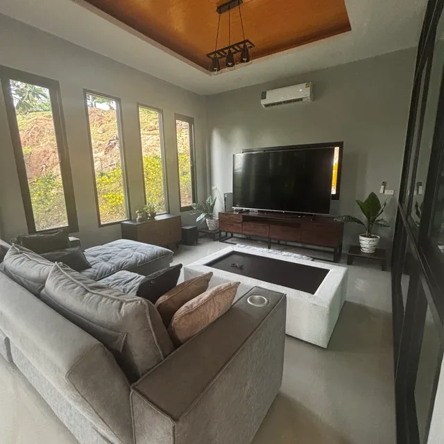 Cosy TV lounge with large corner sectional, air conditioning and garden views